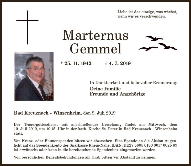  Traueranzeige für Maternus Gemmel vom 09.07.2019 aus vrm-trauer