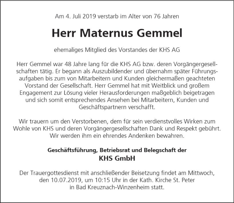  Traueranzeige für Maternus Gemmel vom 10.07.2019 aus vrm-trauer