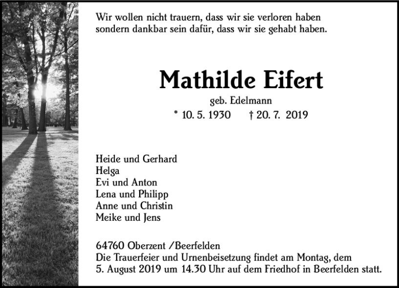 Traueranzeige für Mathilde Eifert vom 31.07.2019 aus vrm-trauer