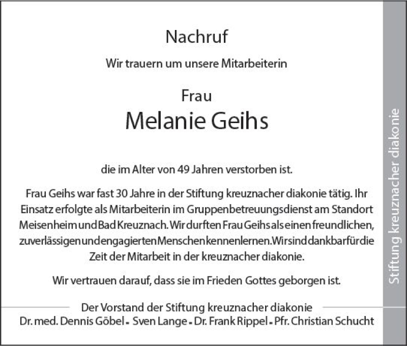  Traueranzeige für Melanie Geihs vom 16.07.2019 aus vrm-trauer