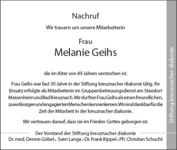 Traueranzeige von Melanie Geihs von vrm-trauer