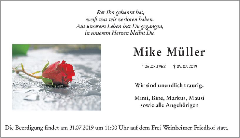  Traueranzeige für Mike Müller vom 27.07.2019 aus vrm-trauer
