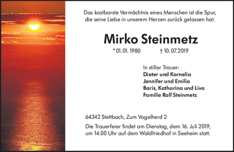  Traueranzeige für Mirko Steinmetz vom 13.07.2019 aus vrm-trauer
