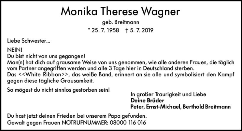  Traueranzeige für Monika Therese Wagner vom 13.07.2019 aus vrm-trauer