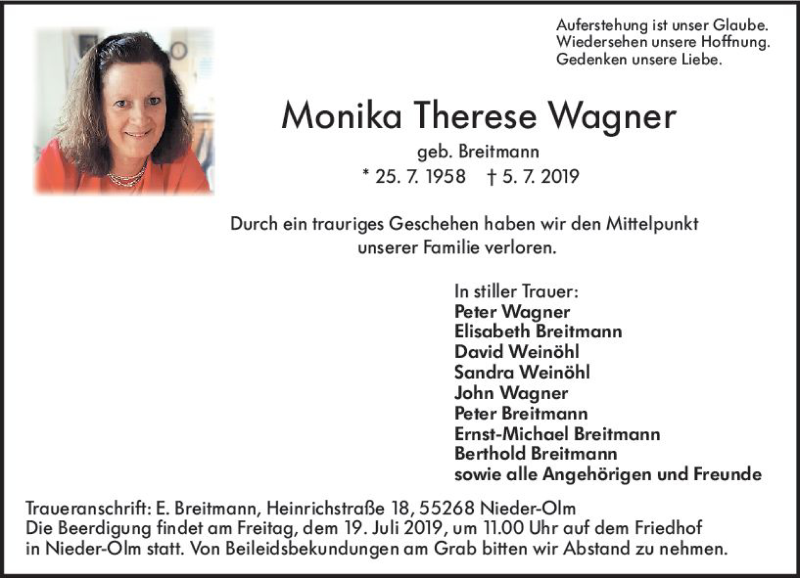 Traueranzeige für Monika Therese Wagner vom 13.07.2019 aus vrm-trauer