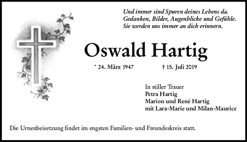  Traueranzeige für Oswald Hartig vom 20.07.2019 aus vrm-trauer