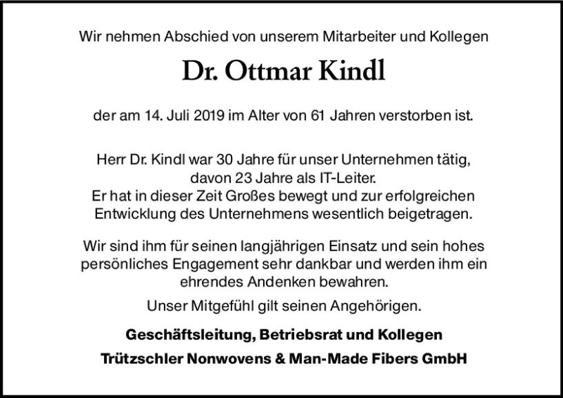  Traueranzeige für Ottmar Kindl vom 20.07.2019 aus vrm-trauer