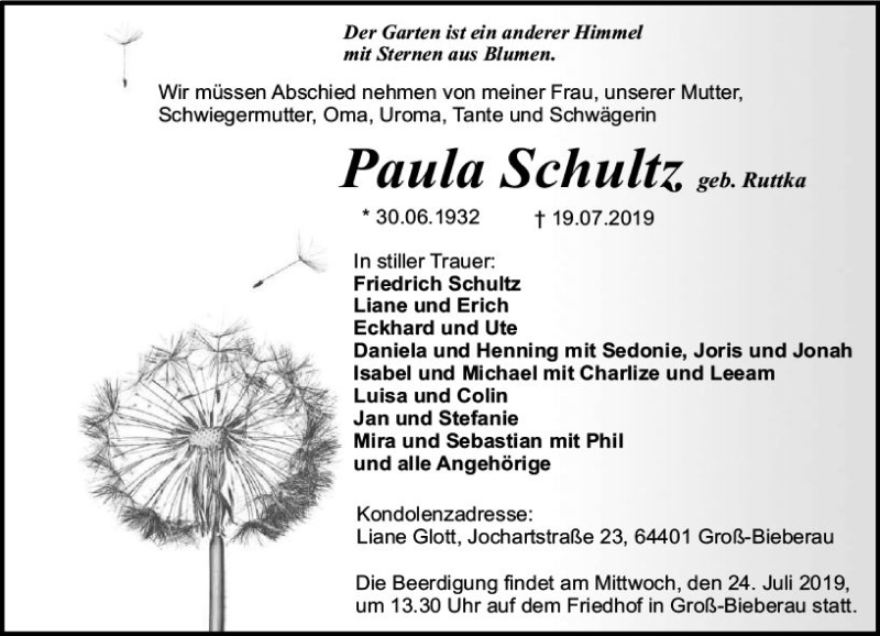  Traueranzeige für Paula Schultz vom 23.07.2019 aus vrm-trauer