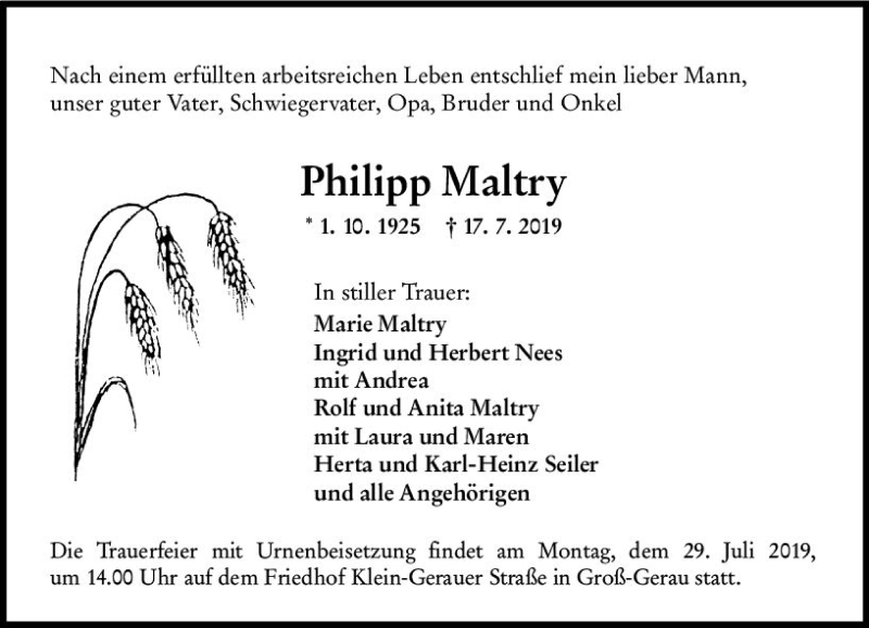  Traueranzeige für Philipp Maltry vom 24.07.2019 aus vrm-trauer