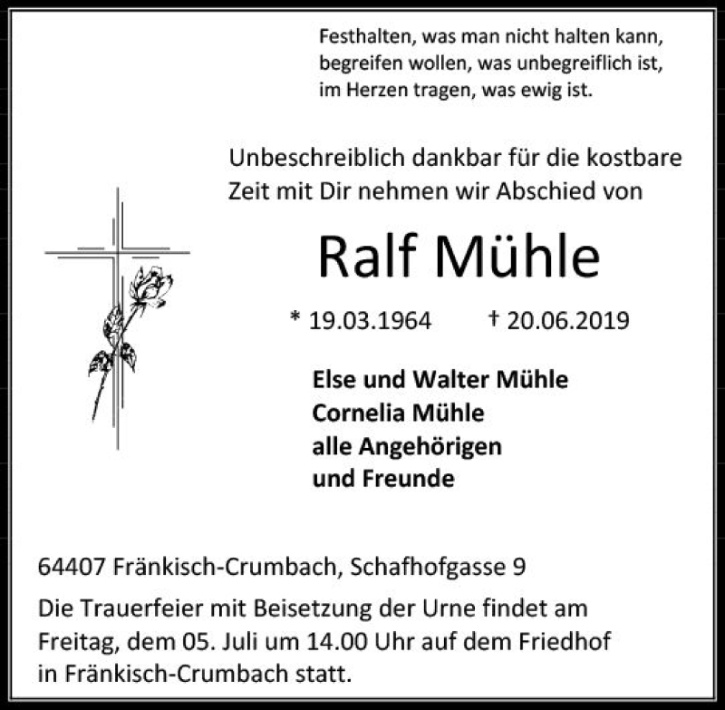  Traueranzeige für Ralf Mühle vom 02.07.2019 aus vrm-trauer