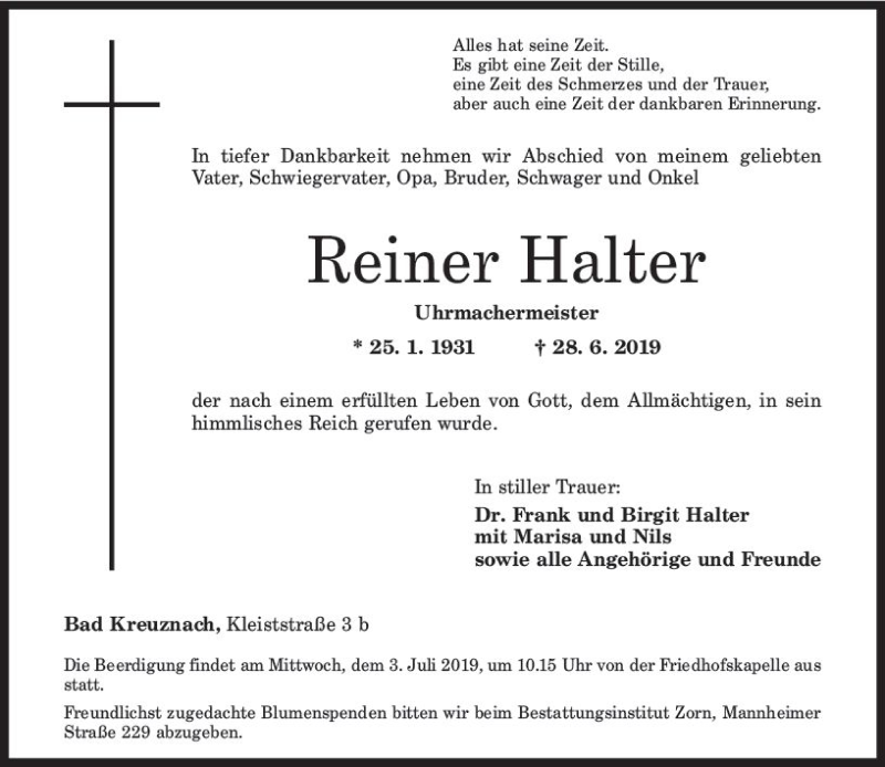  Traueranzeige für Reiner Halter vom 01.07.2019 aus vrm-trauer