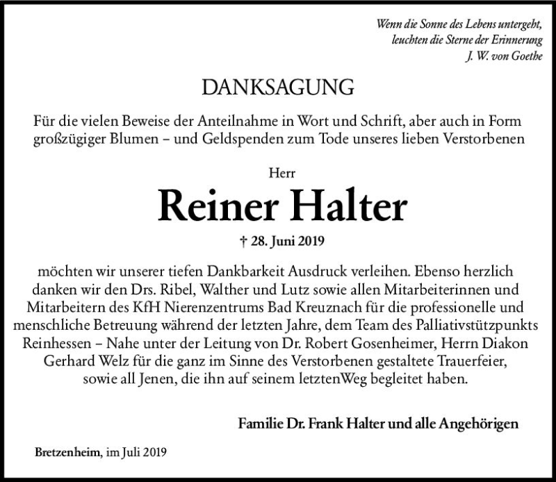  Traueranzeige für Reiner Halter vom 27.07.2019 aus vrm-trauer