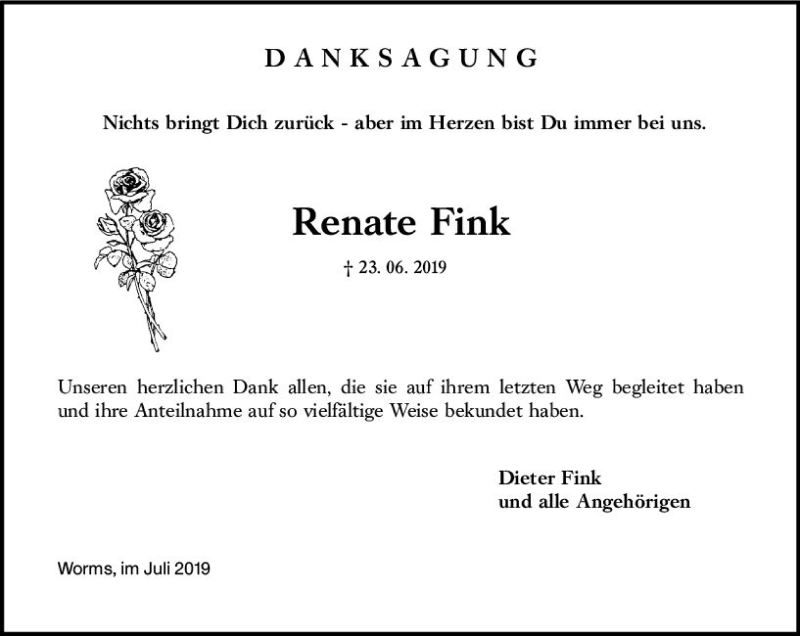  Traueranzeige für Renate Fink vom 17.07.2019 aus vrm-trauer