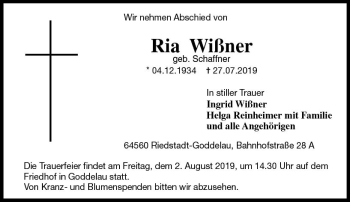 Traueranzeige von Ria Wißner von vrm-trauer