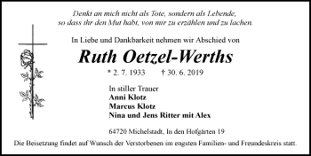 Traueranzeige von Ruth Oetzel-Werths von vrm-trauer