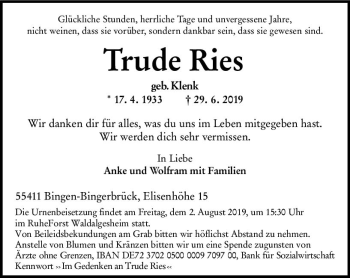 Traueranzeige von Trude Ries von vrm-trauer