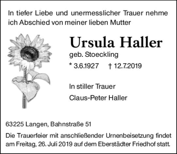 Traueranzeige von Ursula Haller von vrm-trauer