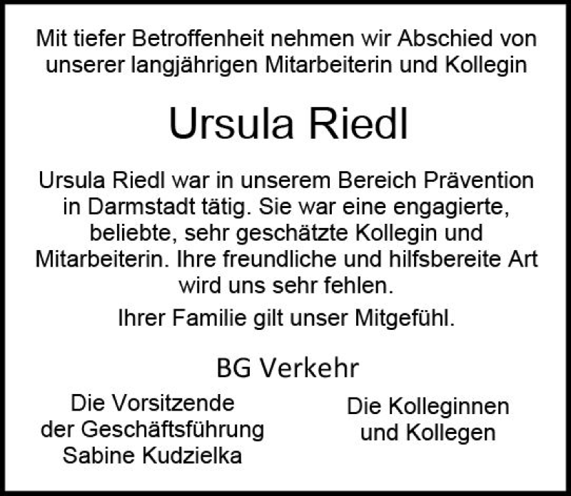  Traueranzeige für Ursula Riedl vom 20.07.2019 aus vrm-trauer