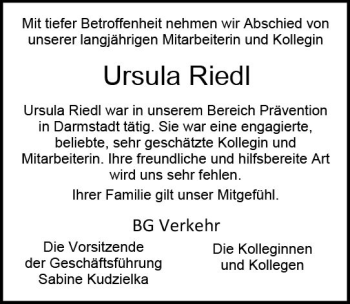 Traueranzeige von Ursula Riedl von vrm-trauer