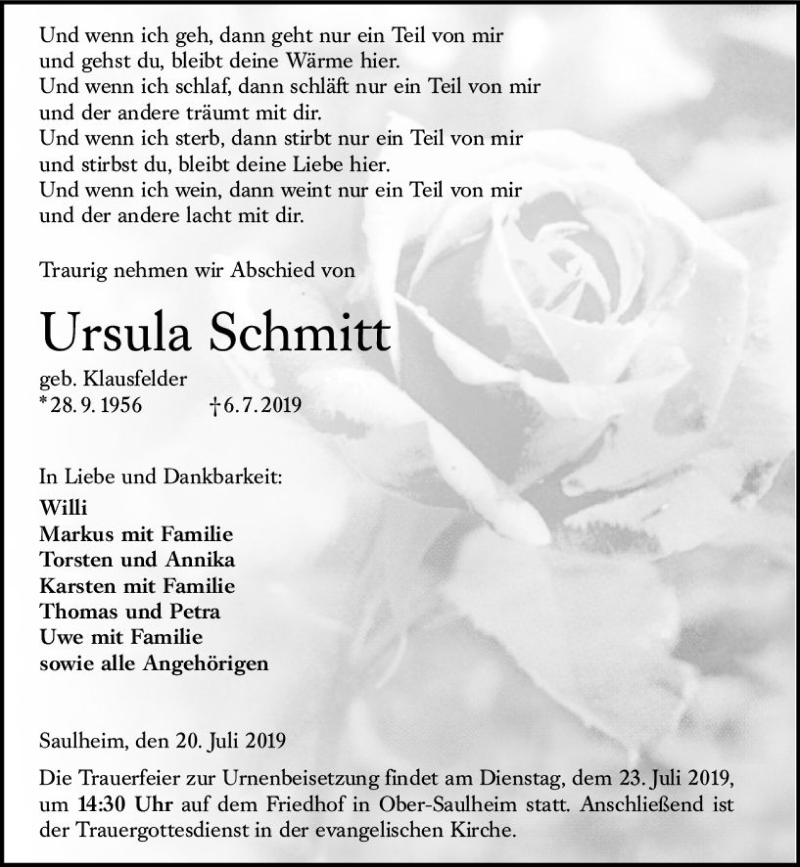  Traueranzeige für Ursula Schmitt vom 20.07.2019 aus vrm-trauer