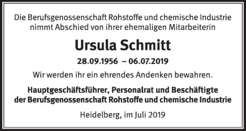  Traueranzeige für Ursula Schmitt vom 20.07.2019 aus vrm-trauer