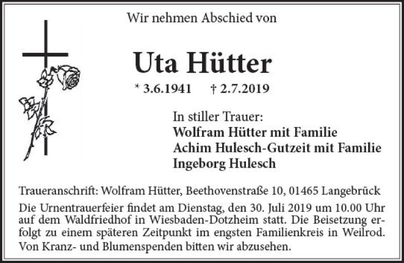  Traueranzeige für Uta Hütter vom 20.07.2019 aus vrm-trauer