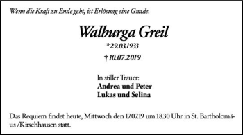 Traueranzeige von Walburga Greil von vrm-trauer