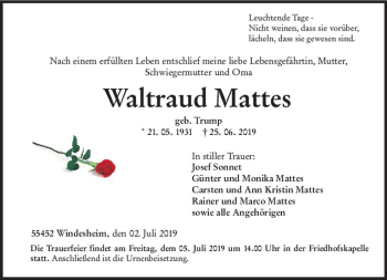 Traueranzeige von Waltraud Mattes von vrm-trauer
