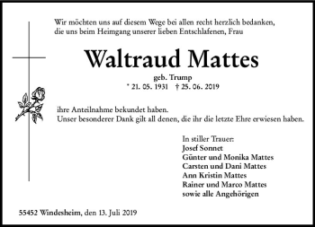 Traueranzeige von Waltraud Mattes von vrm-trauer