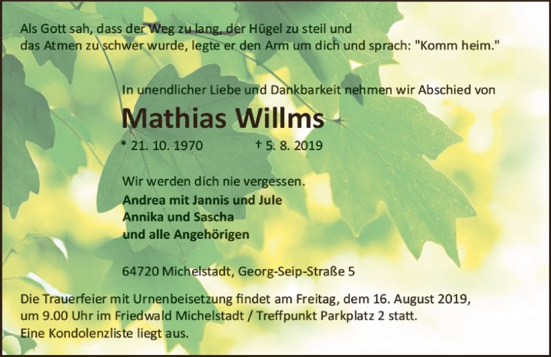  Traueranzeige für Mathias Willms vom 21.08.2019 aus 