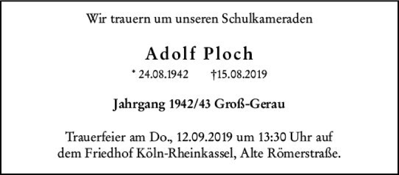  Traueranzeige für Adolf Ploch vom 31.08.2019 aus vrm-trauer