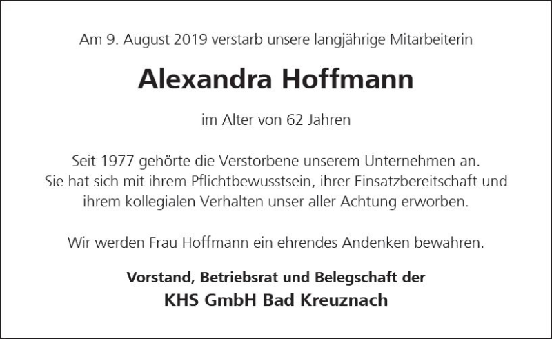  Traueranzeige für Alexandra Hoffmann vom 19.08.2019 aus vrm-trauer