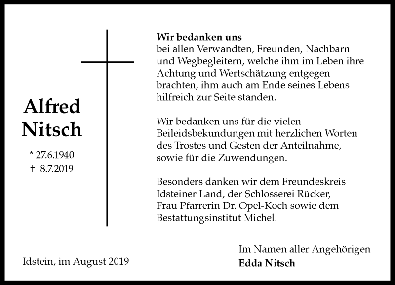  Traueranzeige für Alfred Nitsch vom 10.08.2019 aus vrm-trauer