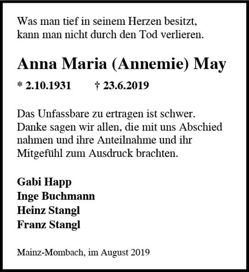  Traueranzeige für Anna Maria  May vom 03.08.2019 aus vrm-trauer