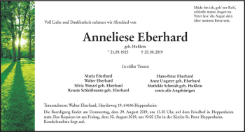Traueranzeige von Anneliese Eberhard von vrm-trauer