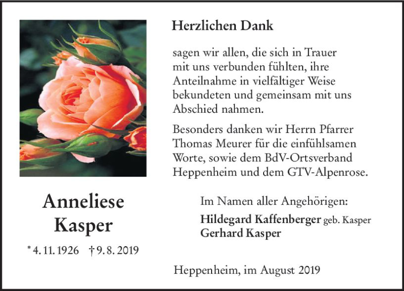  Traueranzeige für Anneliese Kasper vom 24.08.2019 aus vrm-trauer