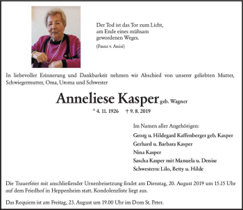 Traueranzeige von Anneliese Kasper von vrm-trauer