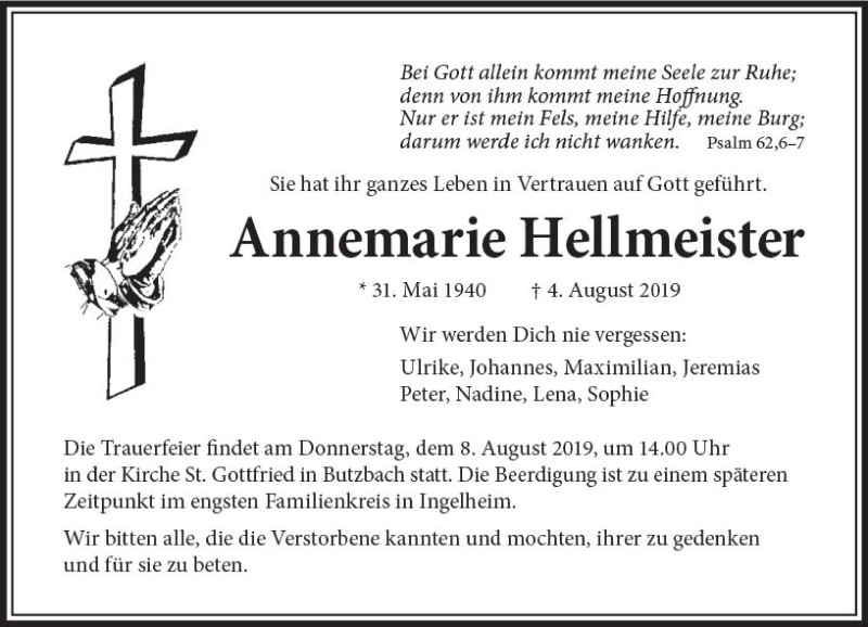  Traueranzeige für Annemarie Hellmeister vom 07.08.2019 aus vrm-trauer