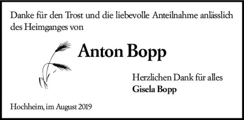  Traueranzeige für Anton Bopp vom 09.08.2019 aus vrm-trauer