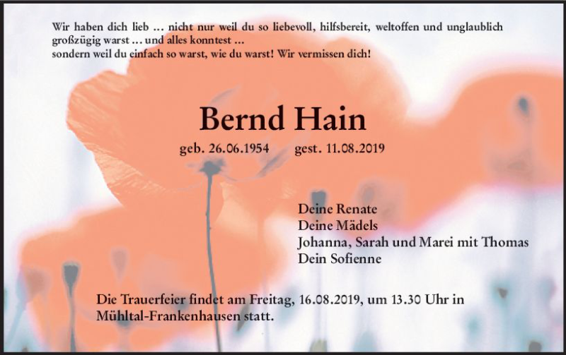  Traueranzeige für Bernd Hain vom 14.08.2019 aus vrm-trauer