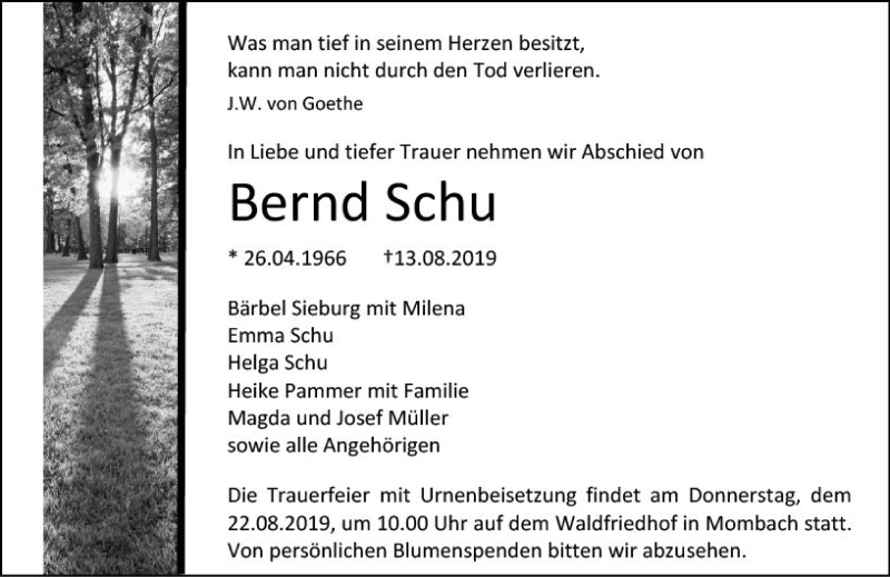  Traueranzeige für Bernd Schu vom 17.08.2019 aus vrm-trauer