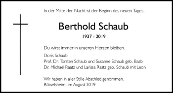 Traueranzeige von Berthold Schaub von vrm-trauer