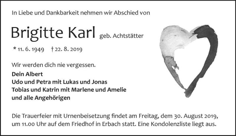  Traueranzeige für Brigitte Karl vom 28.08.2019 aus vrm-trauer