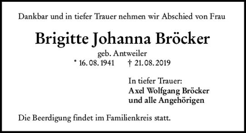  Traueranzeige für Brigitte Johanna Bröcker vom 31.08.2019 aus vrm-trauer
