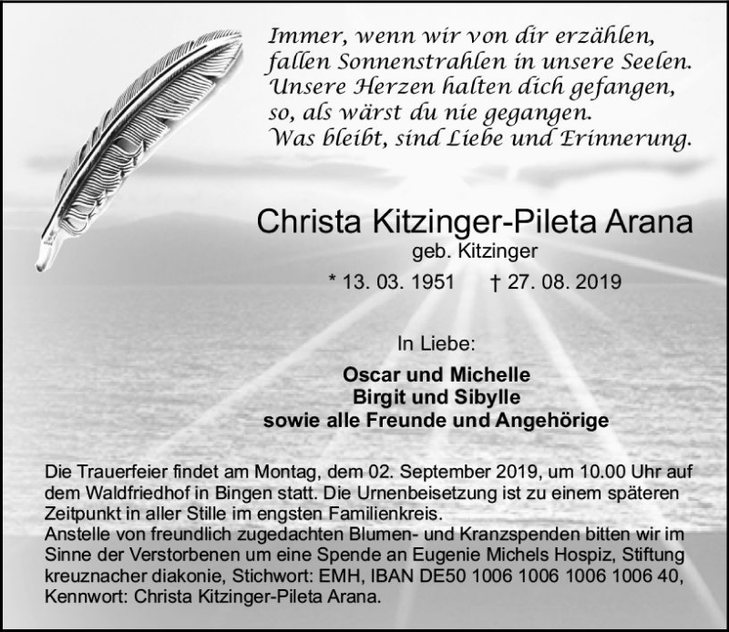  Traueranzeige für Christa Kitzinger-Pileta Arana vom 30.08.2019 aus vrm-trauer