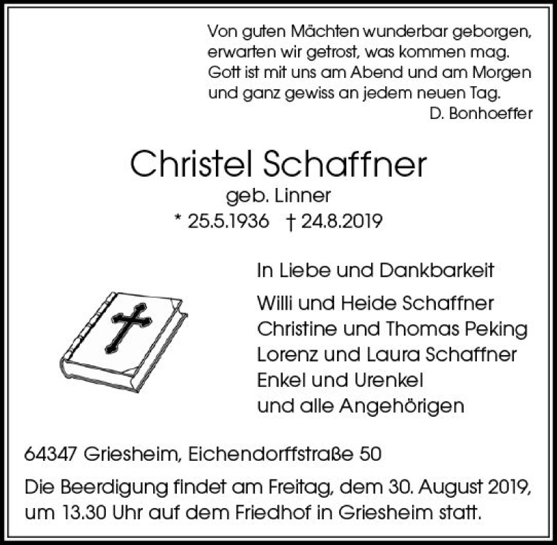  Traueranzeige für Christel Schaffner vom 27.08.2019 aus vrm-trauer