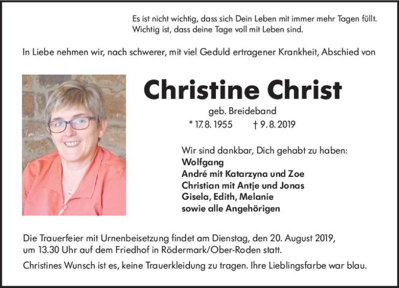  Traueranzeige für Christine Christ vom 17.08.2019 aus vrm-trauer