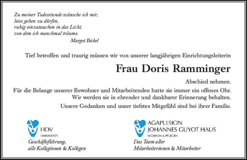  Traueranzeige für Doris Ramminger vom 14.08.2019 aus vrm-trauer