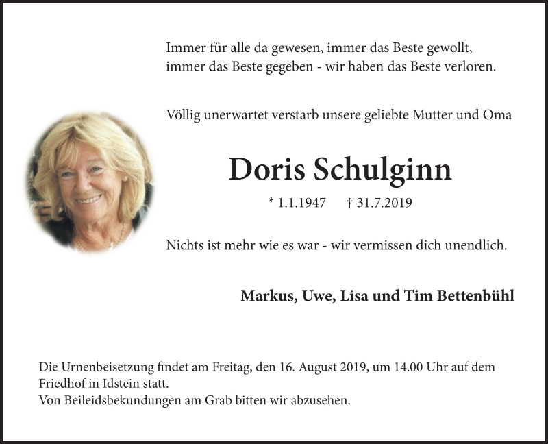  Traueranzeige für Doris Schulginn vom 10.08.2019 aus vrm-trauer