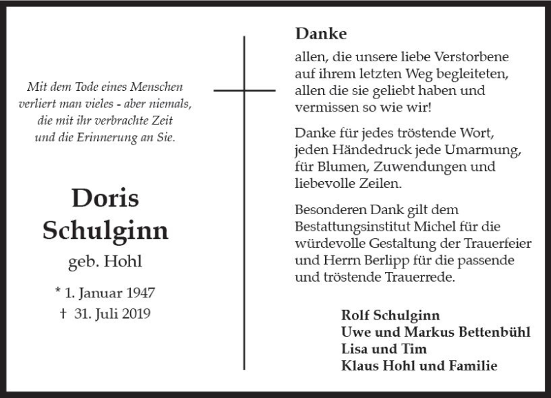  Traueranzeige für Doris Schulginn vom 31.08.2019 aus vrm-trauer